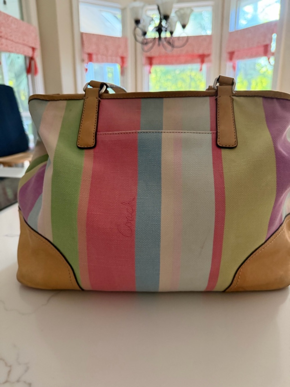 Coach Pastel Multistripe Canvas Tote with Tan Leather Trim